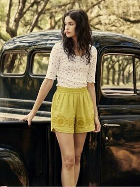 Anthropologie Malini Embroidered Linen Shorts XS Yellow Chartreuse Summer Boho